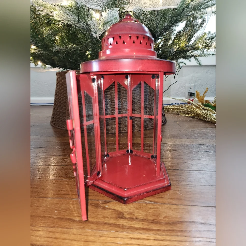 Red Metal Lantern with Glass Panels - Picture 2 of 3